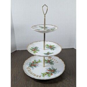 VTG Norcrest Serving Tray 3 Tier Merry Christmas Holly Berries Fine China Japan